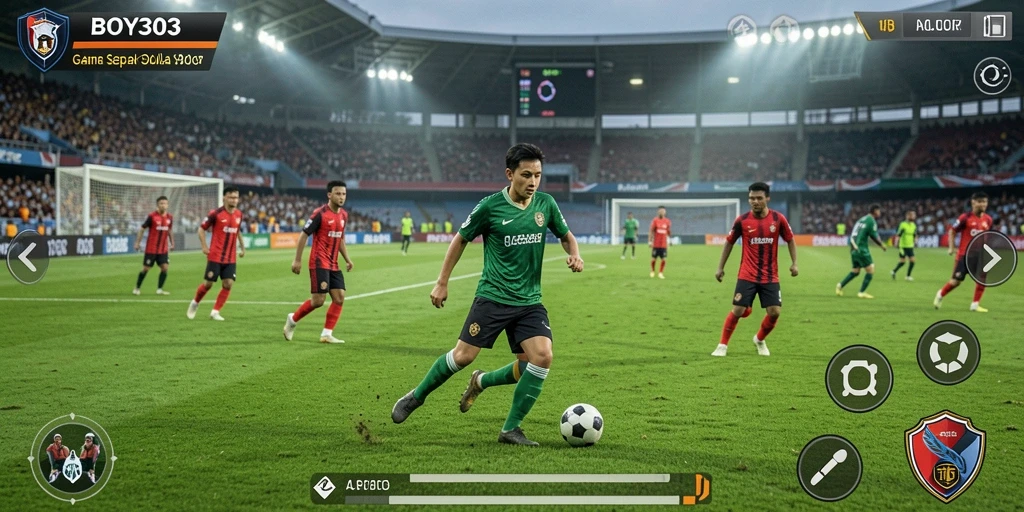 Gameplay BOY303 menampilkan aksi seru di lapangan sepak bola.