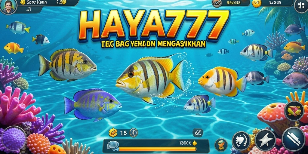 Screenshot utama HAYA777 menampilkan gameplay Tembak Ikan yang penuh warna dan seru.