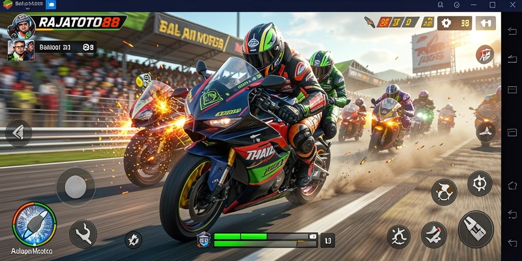 Screenshot utama RAJATOTO88 menunjukkan keseruan balapan motor yang intens.