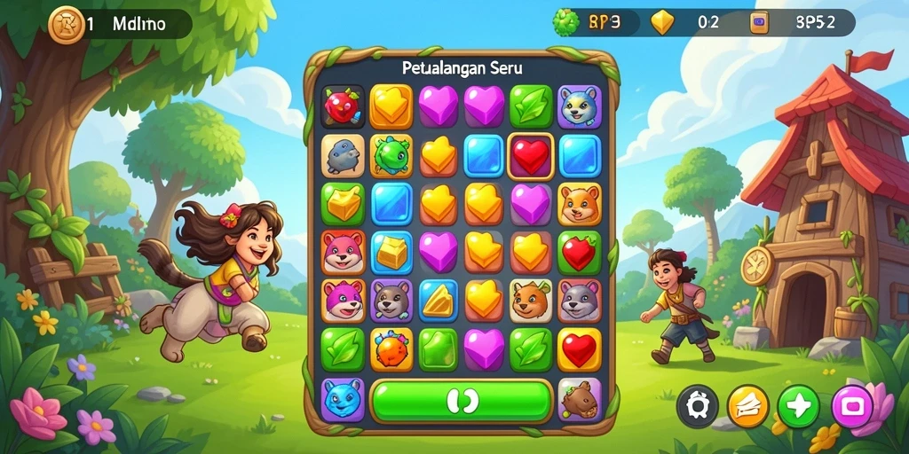 Tampilan menarik dari gameplay RP55 dengan berbagai level Match-3.
